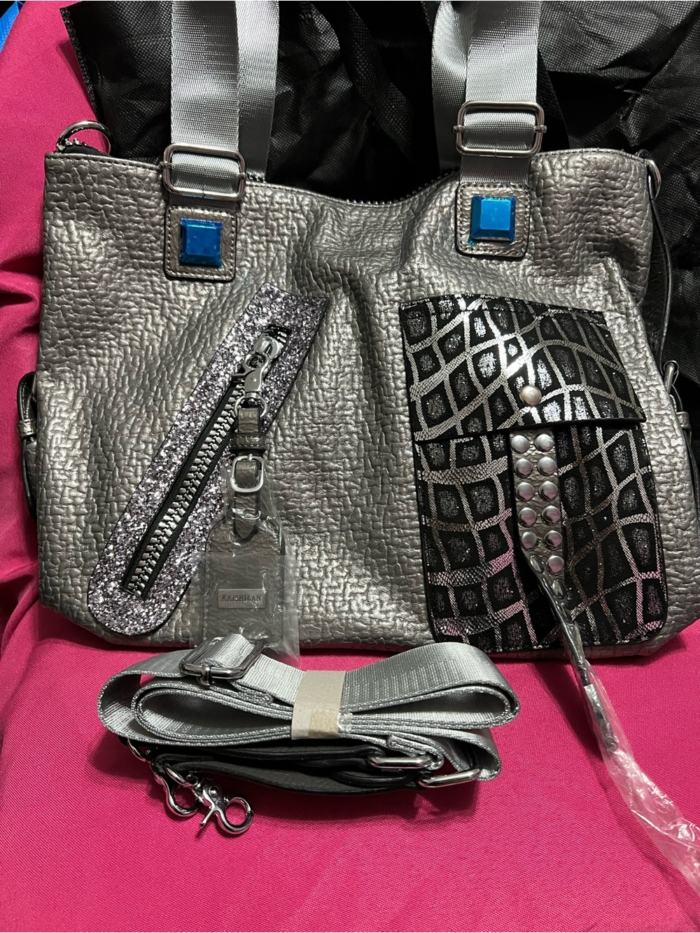 Kaishilan Metallic Silver Women’s Tote Bag , with stickers still on hardware